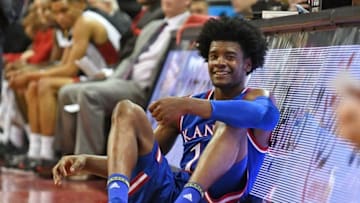 Dec 22, 2016; Las Vegas, NV, USA; Kansas Jayhawks guard Josh Jackson (11) smiles towards his bench as he waits to get back into a game against the UNLV Runnin