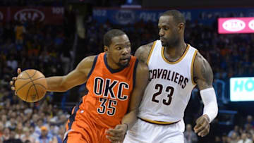 Feb 21, 2016; Oklahoma City, OK, USA; Oklahoma City Thunder forward Kevin Durant (35) drives to the basket against Cleveland Cavaliers forward LeBron James (23) during the fourth quarter at Chesapeake Energy Arena. Mandatory Credit: Mark D. Smith-USA TODAY Sports