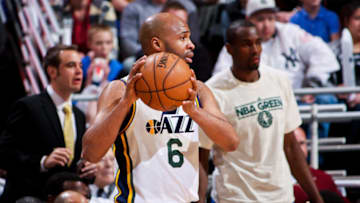 SALT LAKE CITY, UT - APRIL 9: Jamaal Tinsley #6 of the Utah Jazz looks to pass the ball against the Oklahoma City Thunder at Energy Solutions Arena on April 9, 2013 in Salt Lake City, Utah. Copyright 2013 NBAE (Photo by Melissa Majchrzak/NBAE via Getty Images)