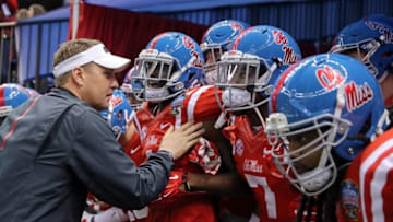 Jan 1, 2016; New Orleans, LA, USA; Mississippi Rebels head coach Hugh Freeze prepares to take his team onto the field to play the Oklahoma State Cowboys in the 2016 Sugar Bowl at the Mercedes-Benz Superdome. Mandatory Credit: Chuck Cook-USA TODAY Sports