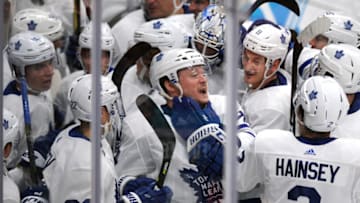 ANAHEIM, CA - NOVEMBER 16: Toronto Maple Leafs defenseman Morgan Rielly (44) celebrates with his teammates after Rielly scored the game winning goal in an overtime period to defeat the Anaheim Ducks 2 to 1 in a game played on November 16, 2018 at the Honda Center in Anaheim, CA. (Photo by John Cordes/Icon Sportswire via Getty Images)