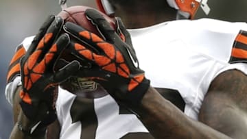 Dec 8, 2013; Foxborough, MA, USA; Cleveland Browns wide receiver Josh Gordon (12) catches a pass before the game against the New England Patriots at Gillette Stadium. Mandatory Credit: Winslow Townson-USA TODAY Sports