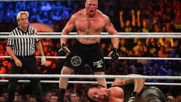 NEW YORK, NY - AUGUST 23: Brock Lesnar and The Undertaker battle it out at the WWE SummerSlam 2015 at Barclays Center of Brooklyn on August 23, 2015 in New York City. (Photo by JP Yim/Getty Images)
