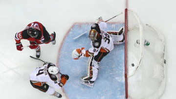 John Gibson #36 of the Anaheim Ducks at the Prudential Center on January 19, 2019 in Newark, New Jersey. The Ducks defeated the Devils 3-2. (Photo by Bruce Bennett/Getty Images)