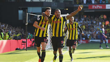 WATFORD, ENGLAND - SEPTEMBER 02: Craig Cathcart of Watford celebrates with his captain Troy Deeney after scoring the winner during the Premier League match between Watford FC and Tottenham Hotspur at Vicarage Road on September 2, 2018 in Watford, United Kingdom. (Photo by Mike Hewitt/Getty Images)