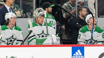 Apr 21, 2023; Saint Paul, Minnesota, USA; The Dallas Stars pull goaltender Jake Oettinger (29) late in the game against the Minnesota Wild in the third period of game three of the first round of the 2023 Stanley Cup Playoffs at Xcel Energy Center. Mandatory Credit: Matt Blewett-USA TODAY Sports