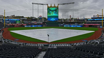 Sep 27, 2020; Kansas City, Missouri, USA; The Kansas City Royals and Detroit Tigers are in a rain delay, as storms move through the Kansas City area at Kauffman Stadium. Mandatory Credit: Peter Aiken-USA TODAY Sports