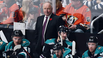 LOS ANGELES, CA - NOVEMBER 6: Head coach Randy Carlyle of the Anaheim Ducks looks on during the second period of the game against the Los Angeles Kings at STAPLES Center on November 6, 2018 in Los Angeles, California. (Photo by Juan Ocampo/NHLI via Getty Images)
