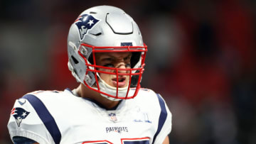 ATLANTA, GEORGIA - FEBRUARY 03: Rob Gronkowski #87 of the New England Patriots warms up prior to Super Bowl LIII against the Los Angeles Rams at Mercedes-Benz Stadium on February 03, 2019 in Atlanta, Georgia. (Photo by Maddie Meyer/Getty Images)