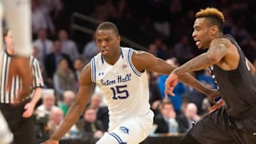 Mar 10, 2016; New York, NY, USA; Seton Hall Pirates guard Isaiah Whitehead (15) dribbles around Creighton Bluejays guard James Milliken (23) in the second half during the Big East conference tournament at Madison Square Garden. Seton Hall Defeats Creighton 81-73. Mandatory Credit: William Hauser-USA TODAY Sports