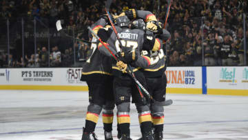 LAS VEGAS, NEVADA - OCTOBER 02: Vegas Golden Knights players celebrate after a goal by Mark Stone #61 during the first period against the San Jose Sharks at T-Mobile Arena on October 02, 2019 in Las Vegas, Nevada. (Photo by David Becker/NHLI via Getty Images)
