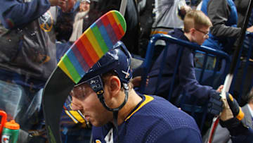 BUFFALO, NY - FEBRUARY 6: Sam Reinhart #23 of the Buffalo Sabres uses rainbow-colored hockey stick tape during Hockey Is For Everyone month before an NHL game against the Anaheim Ducks on February 6, 2018 at KeyBank Center in Buffalo, New York. (Photo by Bill Wippert/NHLI via Getty Images)