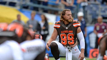 Oct 4, 2015; San Diego, CA, USA; Cleveland Browns outside linebacker Paul Kruger (99) looks on before the game against the San Diego Chargers at Qualcomm Stadium. Mandatory Credit: Jake Roth-USA TODAY Sports
