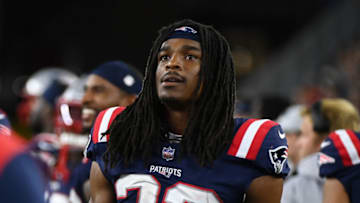 Aug 19, 2022; Foxborough, Massachusetts, USA; New England Patriots safety Kyle Dugger (23) on the sideline during the second half of a preseason game against the Carolina Panthers at Gillette Stadium. Mandatory Credit: Eric Canha-USA TODAY Sports