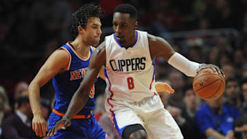 March 11, 2016; Los Angeles, CA, USA; Los Angeles Clippers forward Jeff Green (8) moves the ball against New York Knicks guard Sasha Vujacic (18) during the first half at Staples Center. Mandatory Credit: Gary A. Vasquez-USA TODAY Sports