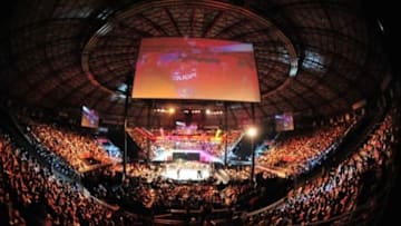 Feb 22, 2015; Porto Alegre, Brazil; General view of the octagon before the fight between Michael Johnson and Edson Barboza during UFC Fight Night at Ginasio do Gigantinho. Mandatory Credit: Jason da Silva-USA TODAY Sports