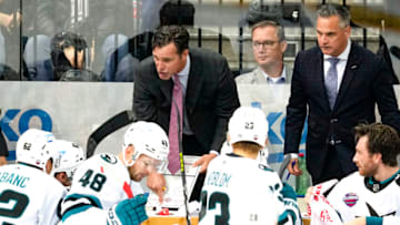 PRAGUE, CZECH REPUBLIC - OCTOBER 07: Head coach David Quinn of San Jose speaks to players during the time out at the 2022 NHL Global Series Challenge Czech Republic match between San Jose Sharks and Nashville Predators at O2 Arena on October 7, 2022 in Prague, Czech Republic. (Photo by Jari Pestelacci/Eurasia Sport Images/Getty Images)