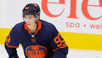 Edmonton Oilers forward Ryan Nugent-Hopkins (93) skates during warmup against the New Jersey Devils at Rogers Place. Mandatory Credit: Perry Nelson-USA TODAY Sports