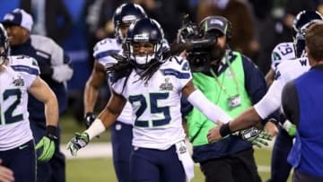 Feb 2, 2014; East Rutherford, NJ, USA; Seattle Seahawks cornerback Richard Sherman (25) before Super Bowl XLVIII against the Denver Broncos at MetLife Stadium. Mandatory Credit: Joe Camporeale-USA TODAY Sports