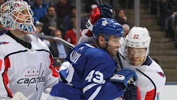 Nazem Kadri #43 of the Toronto Maple Leafs battles between Braden Holtby #70 and Madison Bowey #22 of the Washington Capitals during an NHL game at Scotiabank Arena. (Photo by Claus Andersen/Getty Images)