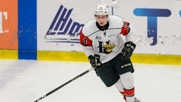 BOISBRIAND, QC - OCTOBER 15: Jared McIsaac #14 of the Halifax Mooseheads skates during the warmup prior to the QMJHL game against the Blainville-Boisbriand Armada at the Centre d'Excellence Sports Rousseau on October 15, 2016 in Boisbriand, Quebec, Canada. The Blainville-Boisbriand Armada defeated the Halifax Mooseheads 4-2. (Photo by Minas Panagiotakis/Getty Images)