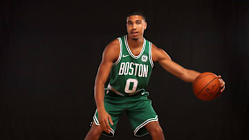 GREENBURGH, NY - AUGUST 11: Jayson Tatum of the Boston Celtics poses for a portrait during the 2017 NBA Rookie Photo Shoot at MSG Training Center on August 11, 2017 in Greenburgh, New York. NOTE TO USER: User expressly acknowledges and agrees that, by downloading and or using this photograph, User is consenting to the terms and conditions of the Getty Images License Agreement. (Photo by Elsa/Getty Images)