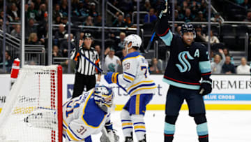 SEATTLE, WASHINGTON - OCTOBER 25: Jordan Eberle #7 of the Seattle Kraken reacts after a power-play goal by Jared McCann (not pictured) during the second period against the Buffalo Sabres at Climate Pledge Arena on October 25, 2022 in Seattle, Washington. (Photo by Steph Chambers/Getty Images)
