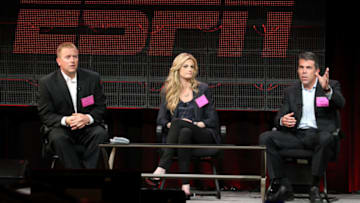 Broadcasters Kirk Herbstreit, Erin Andrews and Chris Fowler (Photo by Frederick M. Brown/Getty Images)
