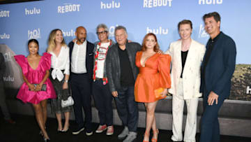 LOS ANGELES, CALIFORNIA - SEPTEMBER 19: (L-R) Krista Marie Yu, Calum Worthy, Keegan-Michael Key, Johnny Knosville, Paul Reiser, Rachel Bloom, Calum Worthy and Steven Levitan attend the red carpet premiere of Hulu's "Reboot" at Fox Studio Lot on September 19, 2022 in Los Angeles, California. (Photo by JC Olivera/Getty Images)