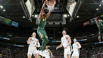 SALT LAKE CITY, UT - MARCH 2: Derrick Favors #15 of the Utah Jazz dunks the ball against the Milwaukee Bucks on March 2, 2019 at vivint.SmartHome Arena in Salt Lake City, Utah. Copyright 2019 NBAE (Photo by Melissa Majchrzak/NBAE via Getty Images)