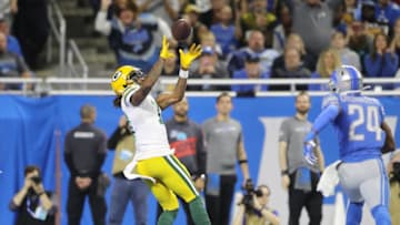DETROIT, MI - DECEMBER 29: Davante Adams #17 of the Green Bay Packers catches a third quarter touchdown pass in front of Amani Oruwariye #24 of the Detroit Lions at Ford Field on December 29, 2019 in Detroit, Michigan. (Photo by Rey Del Rio/Getty Images)