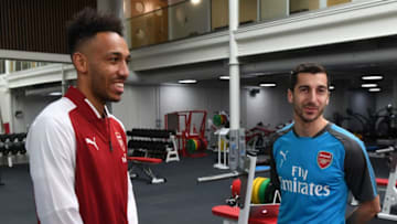 ST ALBANS, ENGLAND - JANUARY 31: (EXCLUSIVE ACCESS) New signing Pierre-Emerick Aubameyang with former Dortmund team mate Henrikh Mkhitaryan at the Arsenal training ground at London Colney on January 31, 2018 in St Albans, England. (Photo by Stuart MacFarlane/Arsenal FC via Getty Images)