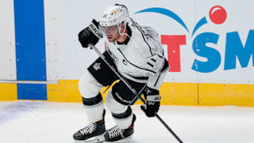 Mar 14, 2021; Denver, Colorado, USA; Los Angeles Kings center Anze Kopitar (11) warms up before the game against the Colorado Avalanche at Ball Arena. Mandatory Credit: Isaiah J. Downing-USA TODAY Sports