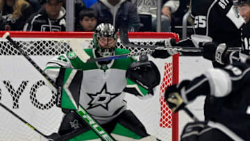 Jan 19, 2023; Los Angeles, California, USA; Dallas Stars goaltender Scott Wedgewood (41) makes a save off a shot by Los Angeles Kings defenseman Sean Durzi (50) in the third period at Crypto.com Arena. Mandatory Credit: Jayne Kamin-Oncea-USA TODAY Sports