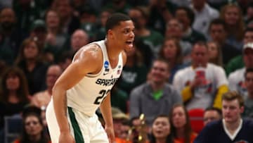 DETROIT, MI - MARCH 16: Miles Bridges #22 of the Michigan State Spartans reacts during the second half against the Bucknell Bison in the first round of the 2018 NCAA Men's Basketball Tournament at Little Caesars Arena on March 16, 2018 in Detroit, Michigan. (Photo by Gregory Shamus/Getty Images)