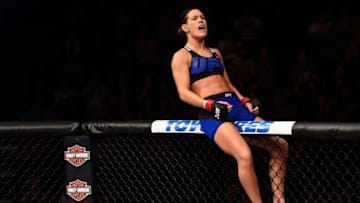 SIOUX FALLS, SD - JULY 13: Courtney Casey reacts after her TKO victory over Cristina Stanciu of Romania in their women's strawweight bout during the UFC Fight Night event on July 13, 2016 at Denny Sanford Premier Center in Sioux Falls, South Dakota. (Photo by Jeff Bottari/Zuffa LLC/Zuffa LLC via Getty Images)