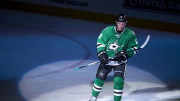 Apr 29, 2016; Dallas, TX, USA; Dallas Stars center Radek Faksa (12) skates off the ice after being named the number one star in the win over the St. Louis Blues in game one of the second round of the 2016 Stanley Cup Playoffs at the American Airlines Center. The Stars defeat the Blue 2-1. Mandatory Credit: Jerome Miron-USA TODAY Sports