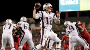 TAMPA, FL - OCTOBER 5: Quarterback Tom Brady #12 of the New England Patriots throws a pass from the end zone during the game against the Tampa Bay Buccaneers at Raymond James Stadium on October 5, 2017 in Tampa, Florida. The Patriots defeated the Buccaneers 19 to 14. (Photo by Don Juan Moore/Getty Images)