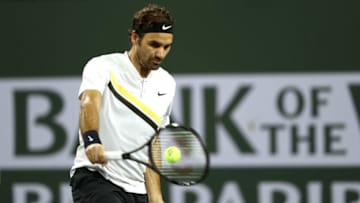 INDIAN WELLS, CA - MARCH 15: Roger Federer of Switzerland returns a shot to Hyeon Chung of Korea during of the BNP Paribas Open at the Indian Wells Tennis Garden on March 15, 2018 in Indian Wells, California. (Photo by Matthew Stockman/Getty Images)