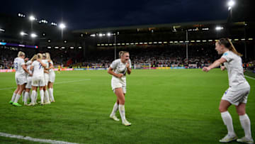 SHEFFIELD, ENGLAND - JULY 26: Georgia Stanway and Keira Walsh of England celebrate their team's fourth goal, scored by Fran Kirby during the UEFA Women's Euro 2022 Semi Final match between England and Sweden at Bramall Lane on July 26, 2022 in Sheffield, England. (Photo by Shaun Botterill/Getty Images)