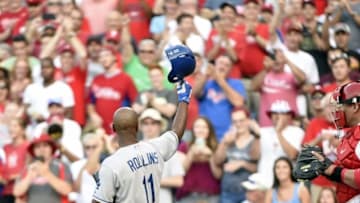 Aug 4, 2015; Philadelphia, PA, USA; Los Angeles Dodgers shortstop Jimmy Rollins (11) acknowledges the crowd before his at bat during the first inning against the Philadelphia Phillies at Citizens Bank Park. Mandatory Credit: Eric Hartline-USA TODAY Sports