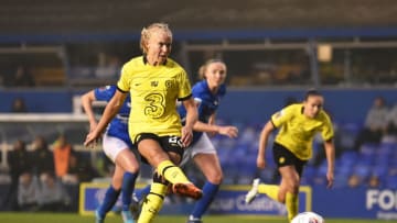 BIRMINGHAM, ENGLAND - MAY 01: Pernille Harder of Chelsea Women scores their sides first goal from the penalty spot during the Barclays FA Women's Super League match between Birmingham City Women and Chelsea Women at St Andrew's Trillion Trophy Stadium on May 01, 2022 in Birmingham, England. (Photo by Nathan Stirk/Getty Images)