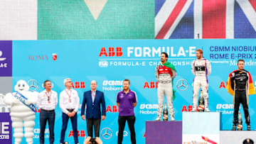 ROME, ITALY - APRIL 14: In this handout provided by FIA Formula E, Sam Bird (GBR), DS Virgin Racing, DS Virgin DSV-03, ,wins the Rome ePrix, with Lucas Di Grassi (BRA), Audi Sport ABT Schaeffler, Audi e-tron FE04, in 2nd and Andre Lotterer (BEL), TECHEETAH, Renault Z.E. 17, in 3rd. during the Rome ePrix, Round 7 of the 2017/18 FIA Formula E Series at Circuito Cittadino Dell'EUR on April 14, 2018 in Rome, Italy. (Photo by Sam Bloxham/FIA Formula E via Getty Images)