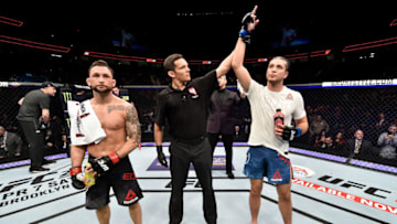 LAS VEGAS, NV - MARCH 03: Brian Ortega celebrates after his knockout victory over Frankie Edgar in their featherweight bout during the UFC 222 event inside T-Mobile Arena on March 3, 2018 in Las Vegas, Nevada. (Photo by Jeff Bottari/Zuffa LLC/Zuffa LLC via Getty Images)