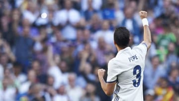 MADRID, SPAIN - APRIL 08: Pepe of Real Madrid celebrates after scoring a goal during the La Liga match between Real Madrid CF and Atletico de Madrid at Estadio Santiago Bernabeu on April 8, 2017 in Madrid, Spain. (Photo by fotopress/Getty Images)