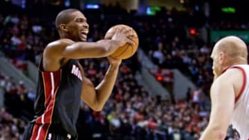 Jan 8, 2015; Portland, OR, USA; Miami Heat center Chris Bosh (1) yells against the Portland Trail Blazers during the second quarter at the Moda Center. Mandatory Credit: Craig Mitchelldyer-USA TODAY Sports