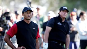 LAS VEGAS, NV - NOVEMBER 23: Tiger Woods and Phil Mickelson look on during The Match: Tiger vs Phil at Shadow Creek Golf Course on November 23, 2018 in Las Vegas, Nevada. (Photo by Christian Petersen/Getty Images for The Match)