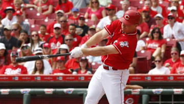 Apr 20, 2016; Cincinnati, OH, USA; Cincinnati Reds right fielder Jay Bruce hits a two-run home run against the Colorado Rockies during the second inning at Great American Ball Park. Mandatory Credit: David Kohl-USA TODAY Sports