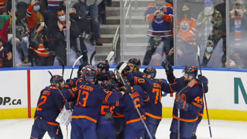 Edmonton Oilers Celebrate Win Against Nashville Predators Mandatory Credit: Perry Nelson-USA TODAY Sports