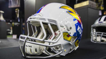 FRISCO, TX - JULY 17: The Kansas Jayhawks helmet during the Big 12 Media days on July 17, 2018 at the Ford Center at The Star in Frisco, Texas. (Photo by Matthew Pearce/Icon Sportswire via Getty Images)